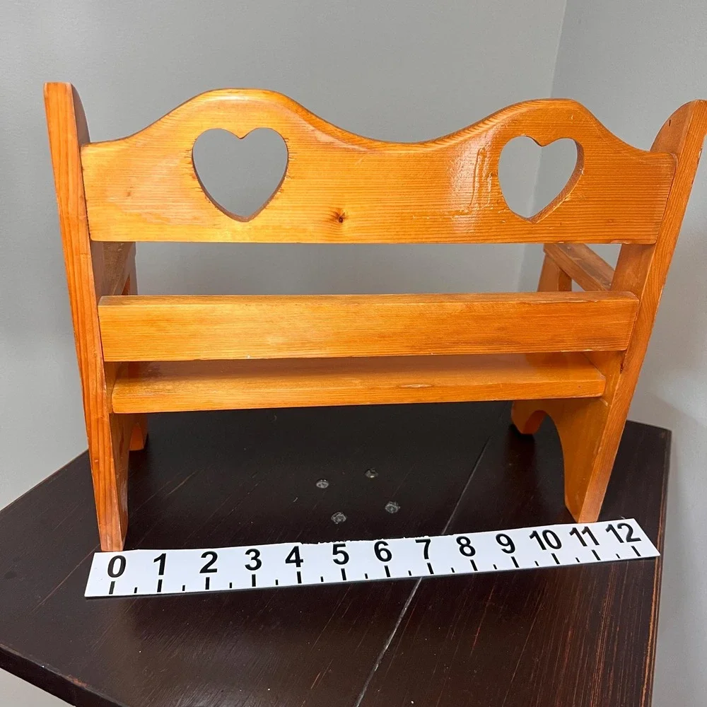 Vtg Pine Children's Doll Bench with Heart Cutouts Rustic Country Shelf Decor